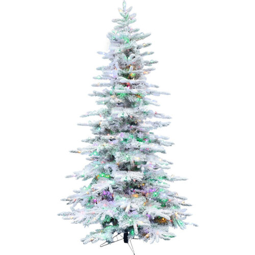 Fraser Hill Farm Snowy 9' Pine Valley Snow Flocked Christmas Tree - Multi-colored LED Lights, EZ Connect, Remote