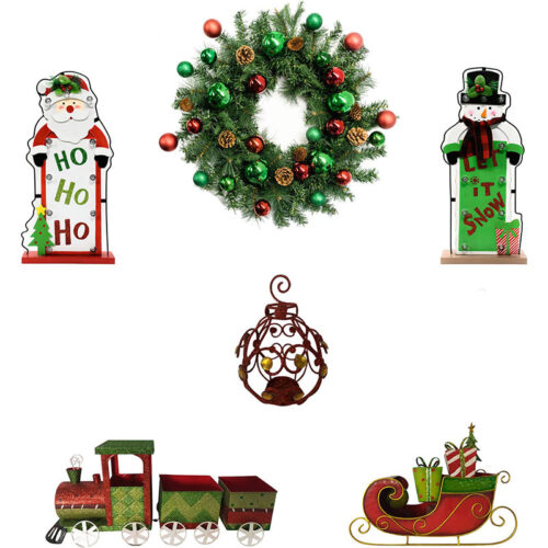 Fraser Hill Farm Bright Mantel Decor 6 Piece Set - Wreath, Train, Signs, Hanging Ornaments