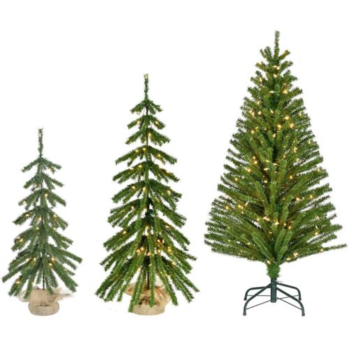 Fraser Hill Farm 3', 4', 5' Downswept Farmhouse Fir Christmas Tree Set - Warm White LED Lights
