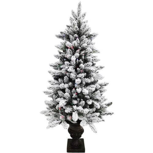 Fraser Hill Farm Snow 5' Flocked Potted Tree - 21 Function LED Fiber Optic Dancing Light