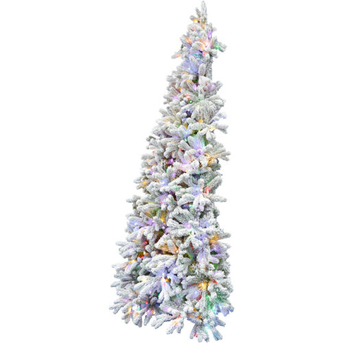 Fraser Hill Farm Snowy 6.5' Half Tree Flocked Christmas Tree - Multi-colored LED Lights