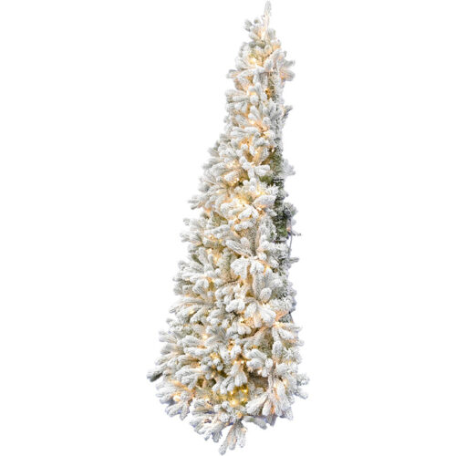 Fraser Hill Farm Snowy 7.5' Half Tree Flocked Christmas Tree - Warm White LED Lights