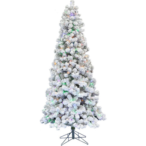Fraser Hill Farm Snowy 9' Hillside Slim Snow Tree - 8F Multi-colored Lights, EZ Connect