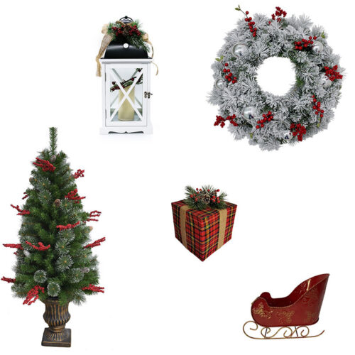 Fraser Hill Farm Tartan Plaid Mantel Decoration 5 Piece Set with Wreath, Box, Sled, Lantern & Tree