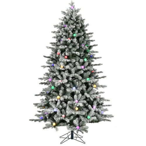 Fraser Hill Farm White 7.5' Tail Full Snow Flocked Christmas Tree - G40 Multi-colored LED Lights