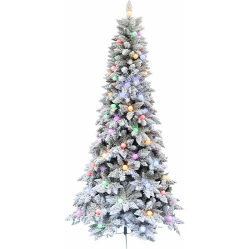 Fraser Hill Farm White 7.5' Tail Slim Snowy Christmas Tree - Multi-colored G40 LED Lights