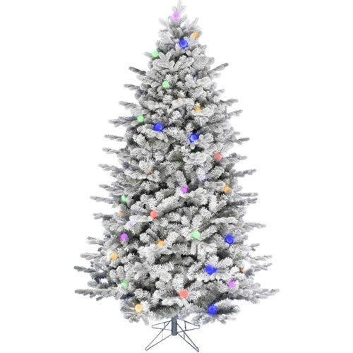 Fraser Hill Farm White 9' Tail Full Snow Flocked Christmas Tree - G40 Multi-colored LED Lights