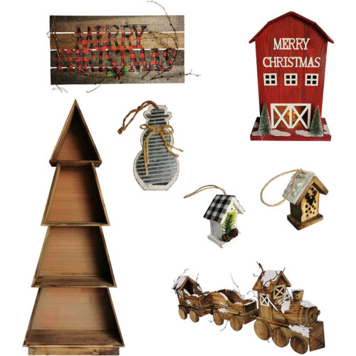 Fraser Hill Farm Woodland Mantel Decoration 7 Piece Set with Sign, Tree, Barn & Decoration