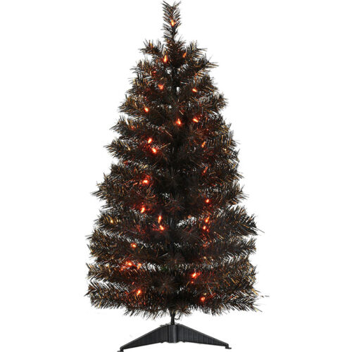 Haunted Hill Farm Black 3' Spooky Tinsel Tree - Orange LED Lights