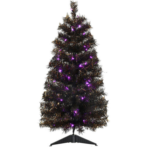 Haunted Hill Farm Black 3' Spooky Tinsel Tree - Purple LED Lights
