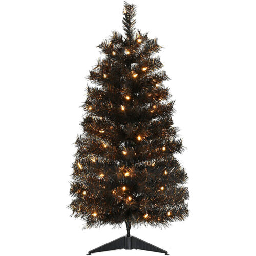 Haunted Hill Farm Black 3' Spooky Tinsel Tree - Warm White LED Lights