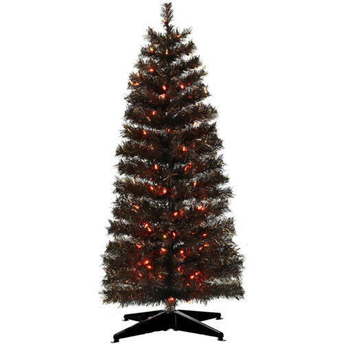 Haunted Hill Farm Black 4' Spooky Tinsel Tree - Orange LED Lights