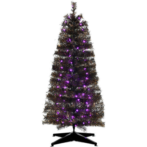 Haunted Hill Farm Black 4' Spooky Tinsel Tree - Purple LED Lights