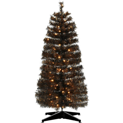 Haunted Hill Farm Black 4' Spooky Tinsel Tree - Warm White LED Lights