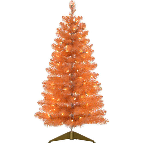 Haunted Hill Farm Orange 3' Spooky Tinsel Tree - Warm White LED Lights