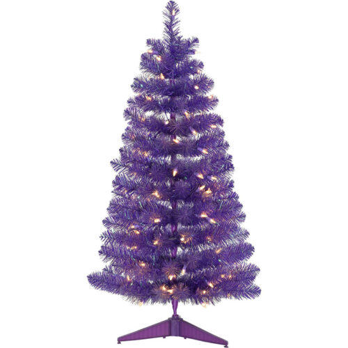 Haunted Hill Farm Purple 4' Spooky Tinsel Tree - Warm White LED Lights