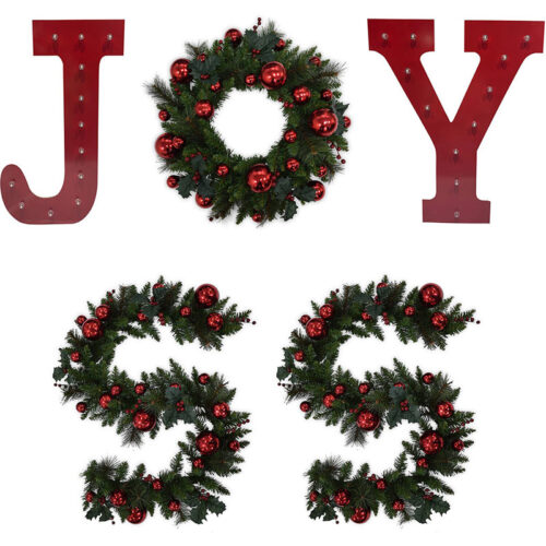 Fraser Hill Farm JOY Staircase Set with 23" Wreath, 72'' Garland, J&Y with LED Lights