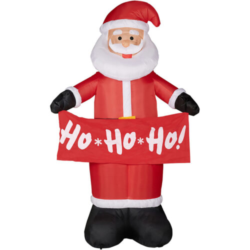 Fraser Hill Farm 10' Inflatable Santa holding Ho Ho Ho Banner with White LED Lights
