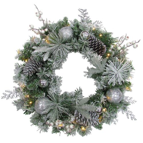 Fraser Hill Farm 24" Glitter Snowy Frosted Christmas Wreath with LED Lights
