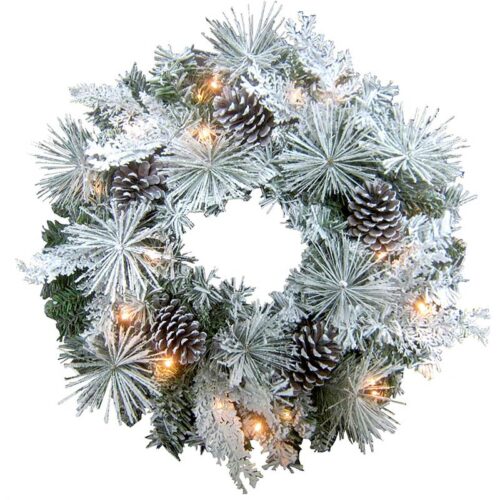Fraser Hill Farm 24" Mixed Pine Snowy Christmas Wreath with LED Lights