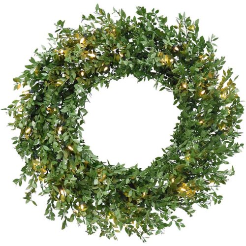 Fraser Hill Farm 24" Round Boxwood Christmas Wreath with Clear LED Lights