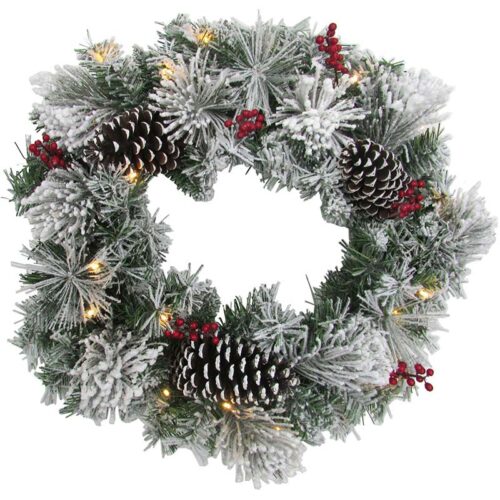 Fraser Hill Farm 24" Snowy Pine Christmas Wreath with LED Lights