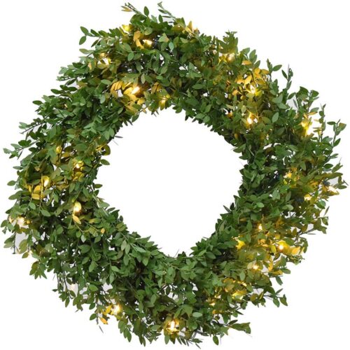 Fraser Hill Farm 24" Square Boxwood Christmas Wreath with Warm White LED Lights