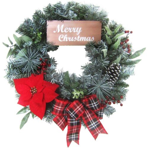 Fraser Hill Farm 24" Wreath with Poinsettia Bloom, Bow, Merry Christmas Sign