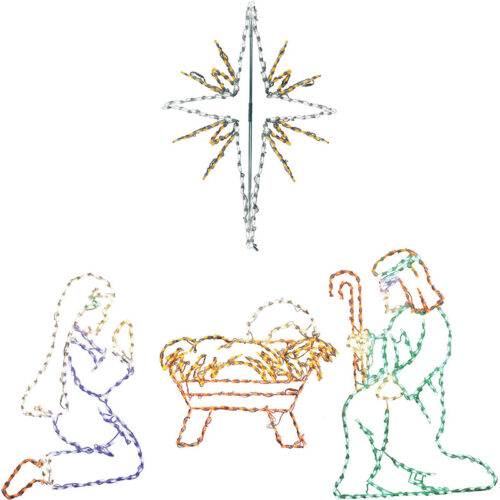 Fraser Hill Farm 4 piece Nativity Multi-colored LED Lights Set with Joseph, Mary, Baby Jesus, Bethlehem Star