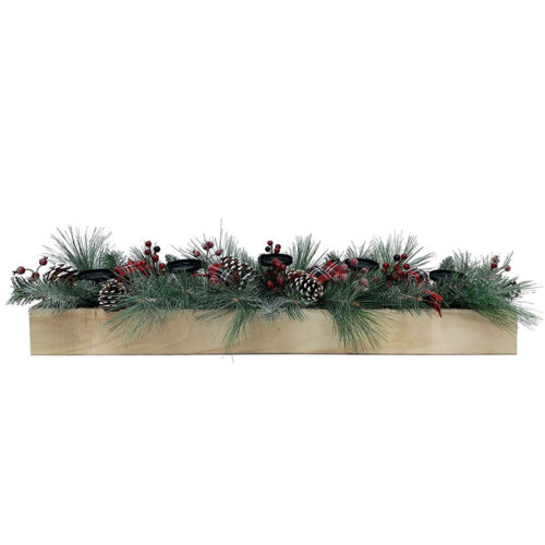 Fraser Hill Farm 42" Candle Holder with Frosted Branches, Red Berries, Plaid Bows, Pinecones