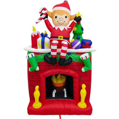 Fraser Hill Farm 6.5' Inflatable Elf on Fireplace with Flickering LED Firelight