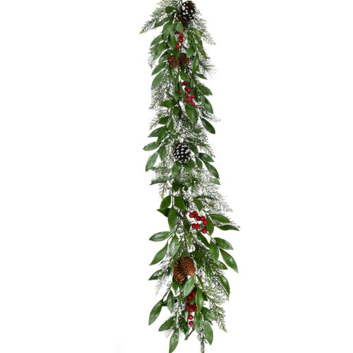 Fraser Hill Farm 9' Green Mixed Leaf Christmas Garland with Red Berries