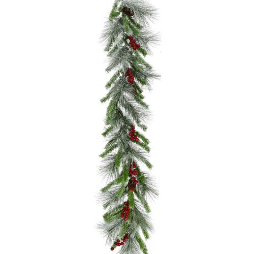 Fraser Hill Farm 9' Lightly Flocked Pine Christmas Garland with Red Berries