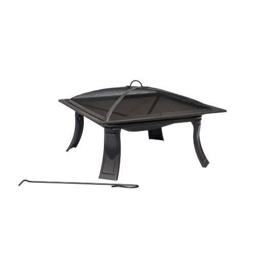 26-in powder-coated steel fire pit with folding legs Removable mesh lid designed for safety Includes fire pit stand, bowl, screen, poker, and assembly hardware 25.98-in L x 25.98-in W x 10.98-in H 1-year warranty
