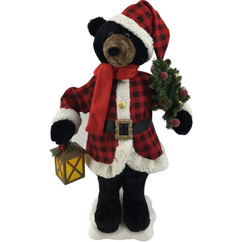 Fraser Hill Farm 24" Animated Black Bear Holding Lantern, Decorated Pine Tree