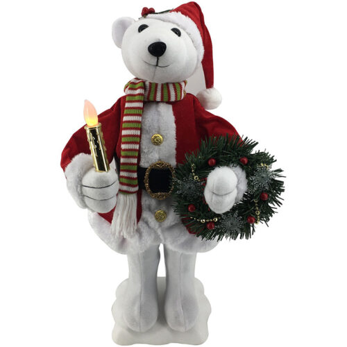 Fraser Hill Farm 24" Animated Polar Bear Holding A Lighted Candle, Decorated Wreath