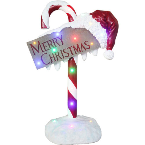Fraser Hill Farm 34" Resin Candy Cane Welcome Sign with Multi-colored LED Lights
