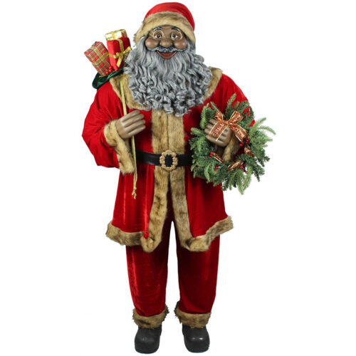 Fraser Hill Farm 59" African American Santa Holding A Wreath and Gift Sack