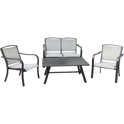 Hanover Foxhill 4 Piece Set with 2 Sling Chairs, Sling Loveseat and Slat Coffee Table
