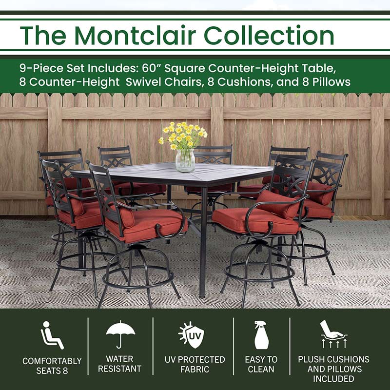 Hanover Montclair 9 Piece High Dining Set - Chili Red