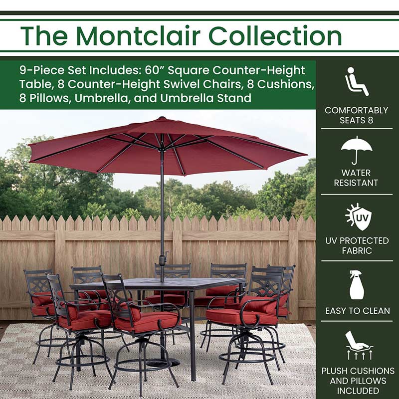 Hanover Montclair 9 Piece High Dining Set - Chili Red