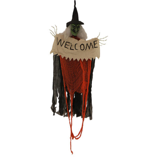 Haunted Hill Farm HHWITCH-28HLS 63in Animated Lightup Hanging Witch with Banner