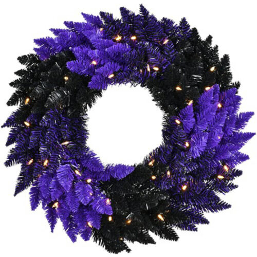 Haunted Hill Farm HH024TINWR-5MLT 24" Black and Purple Tinsel Wreath with Lights
