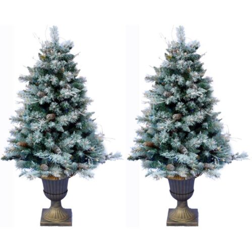 Fraser Hill Farm 4.5' Porch Tree Set with Gold Pedestal Pot and Warm White LED Lights 1