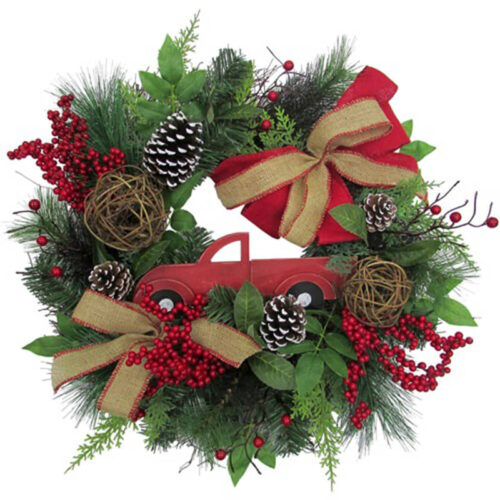Fraser Hill Farm 24" Pinecone with Wood Truck Wreath on Spiral Vine