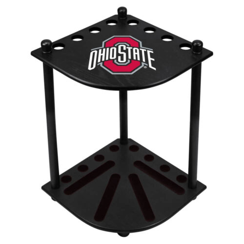 The Officially Licensed Collegiate Corner Cue Rack is the perfect addition to your Game Room! Made of solid wood with your favorite team logo. Holds a complete 16 ball set and 8 cues. Assembled dimensions: 14.5”L x 14.5”W x 22”H. Made in China. Ships via small parcel. Some assembly required.